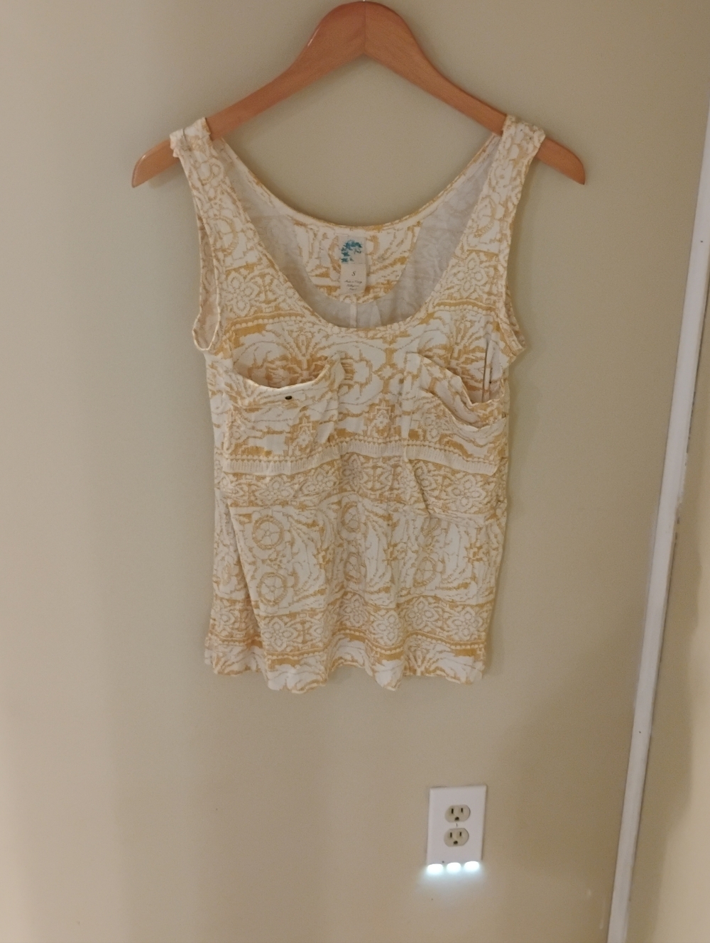 C Keer Anthropologie Yellow White Print Sleeveless Pockets Tank Top Sz S